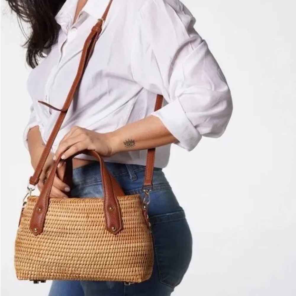 PULICATI Leather Trim Rattan Satchel/ Women's Bag